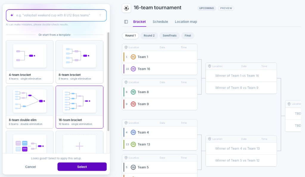 Choosing a tournament format in Bracket Builder