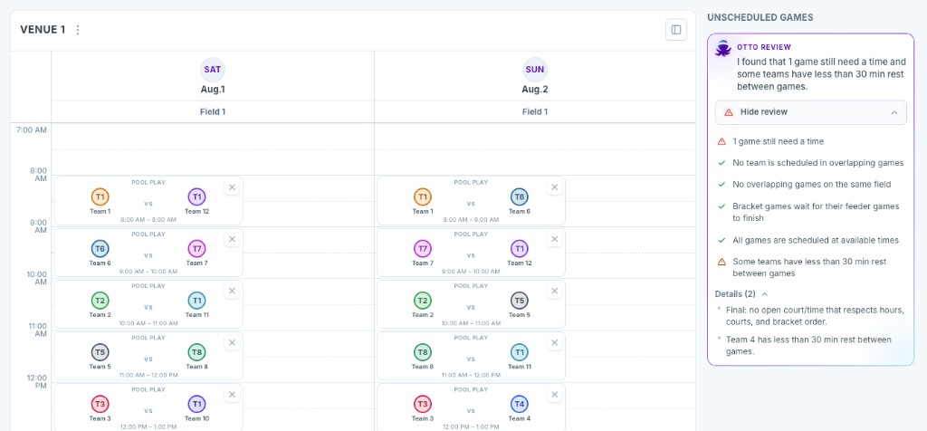 Tournament schedule and court assignments in Bracket Builder