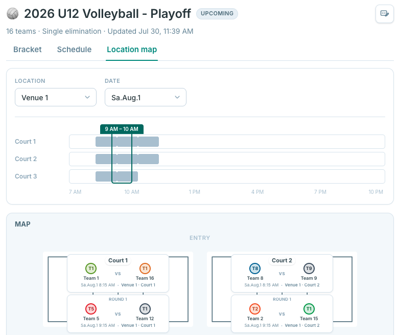 Shared tournament view with bracket, schedule, and location map