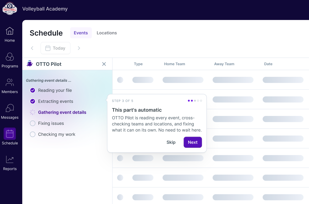 OTTO PILOT reading a club schedule, extracting events, and fixing issues automatically